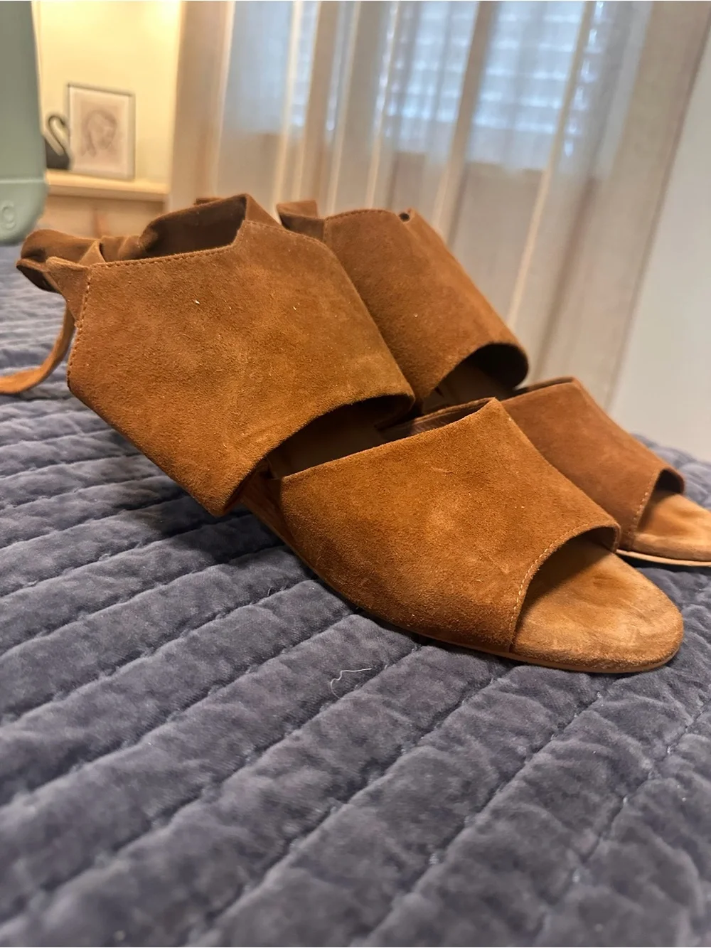 Able Suede Tie-Back Espadrille Wedges in Cognac